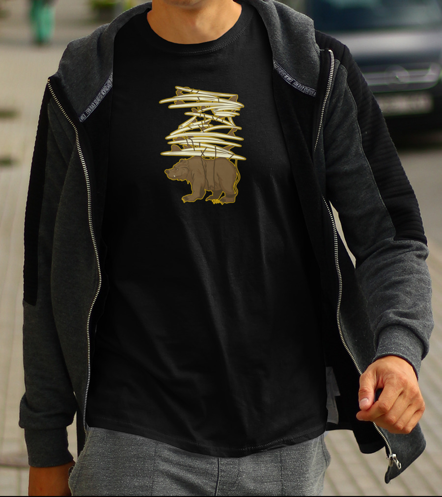 Bear Carrying Surfboards Stack Surf Check T-Shirt