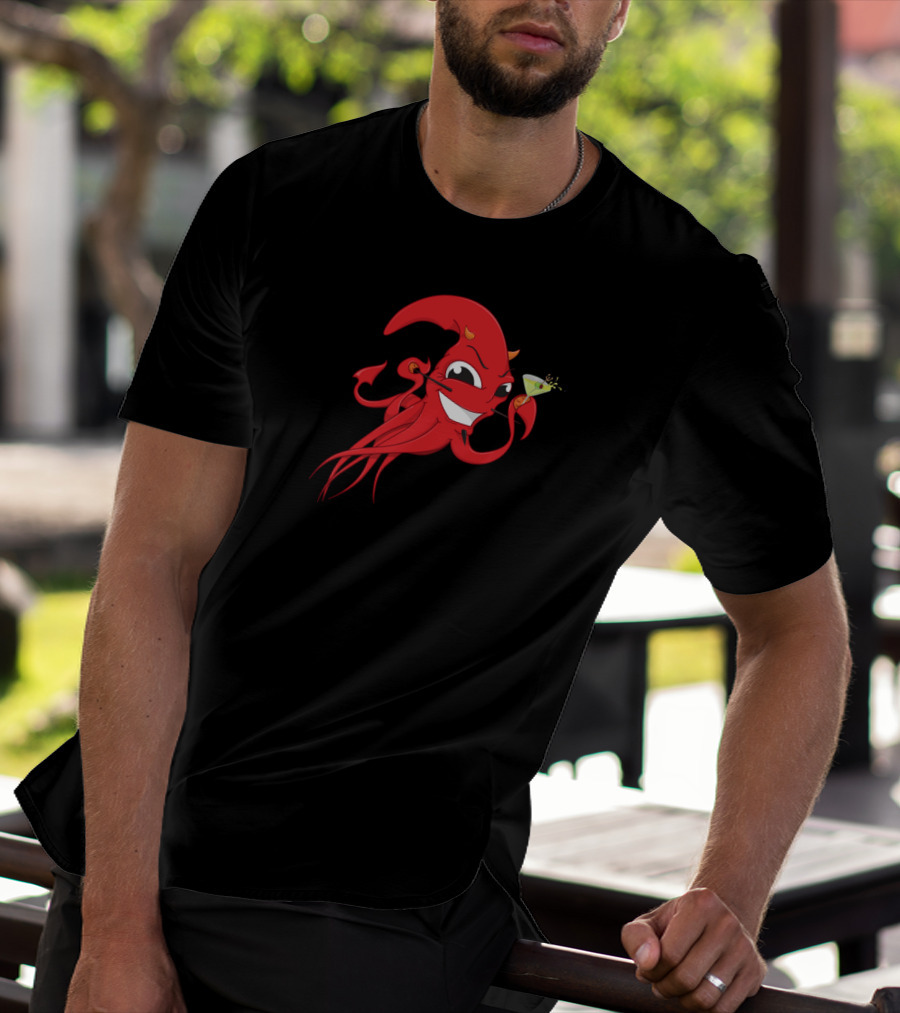 Smiling Red Squid Monster Holding Martini In Last Call Of Cthulhu Scene T-Shirt