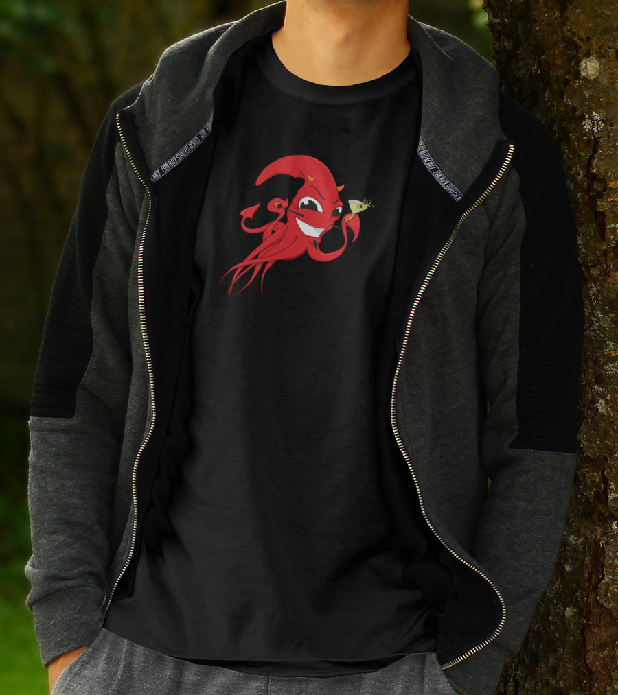 Smiling Red Squid Monster Holding Martini In Last Call Of Cthulhu Scene T-Shirt
