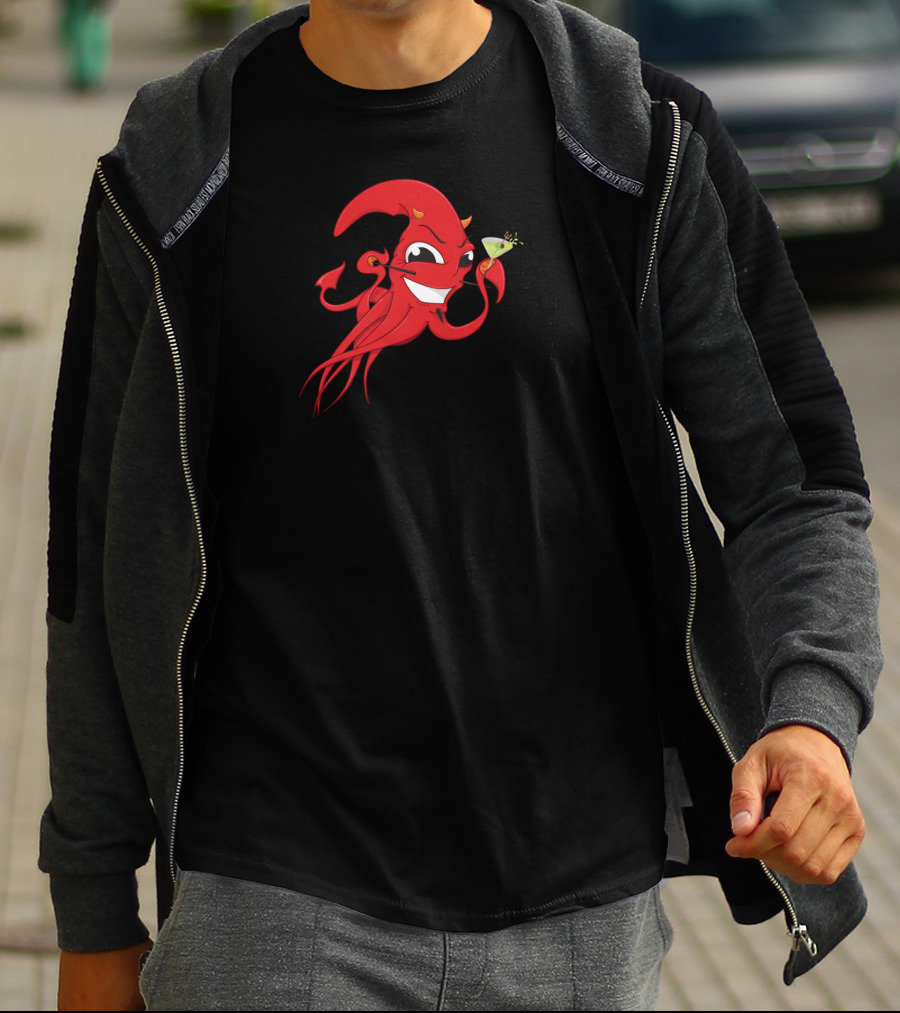 Smiling Red Squid Monster Holding Martini In Last Call Of Cthulhu Scene T-Shirt
