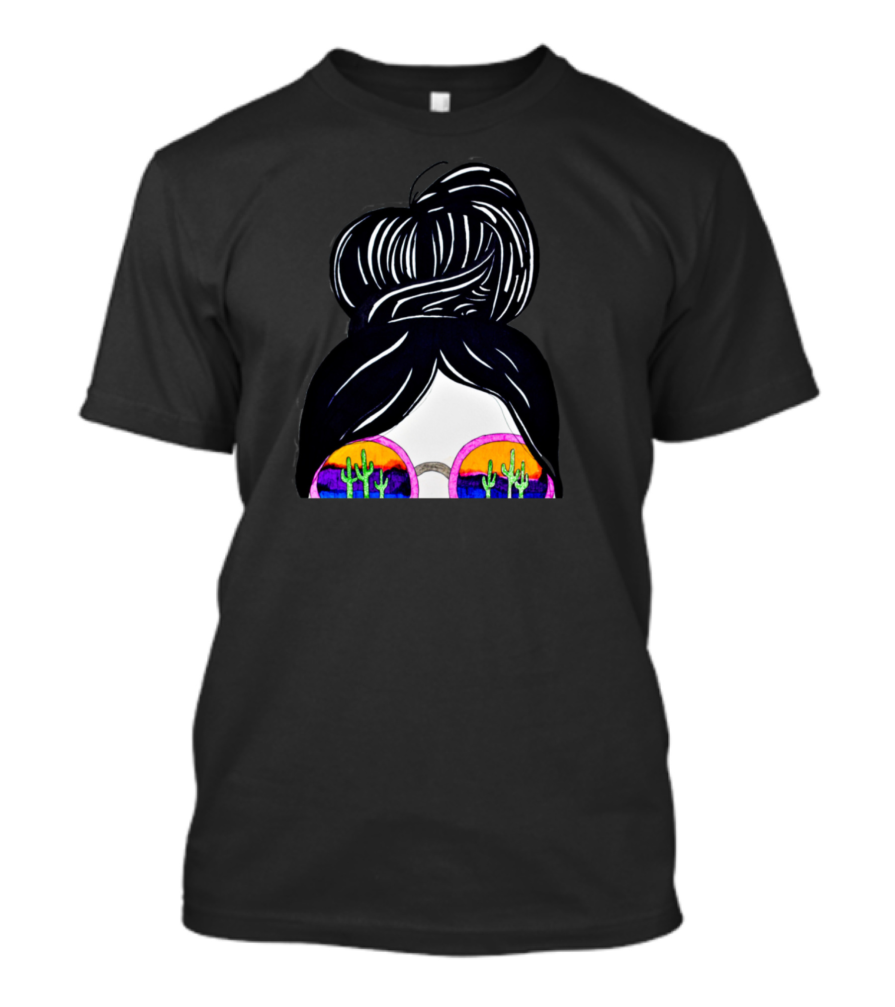 California Girl Sunset Reflection Cactus Sunglasses And Hair Bun T-Shirt