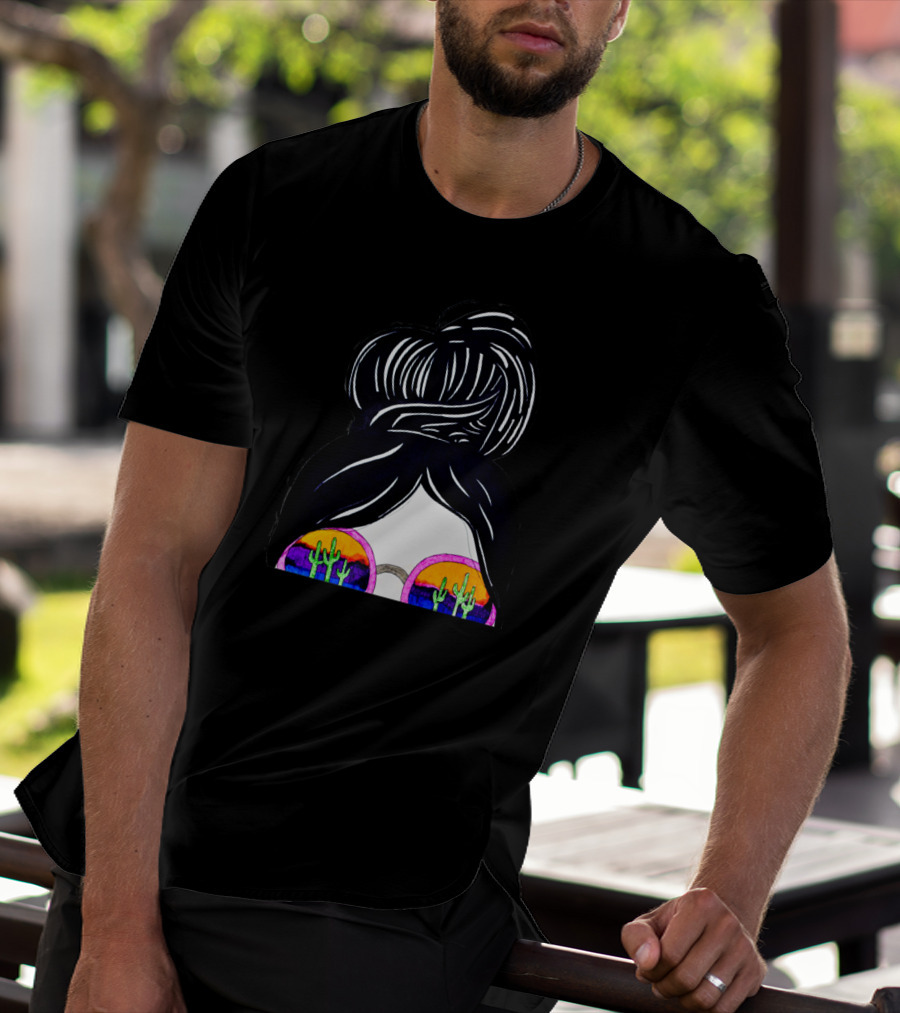 California Girl Sunset Reflection Cactus Sunglasses And Hair Bun T-Shirt