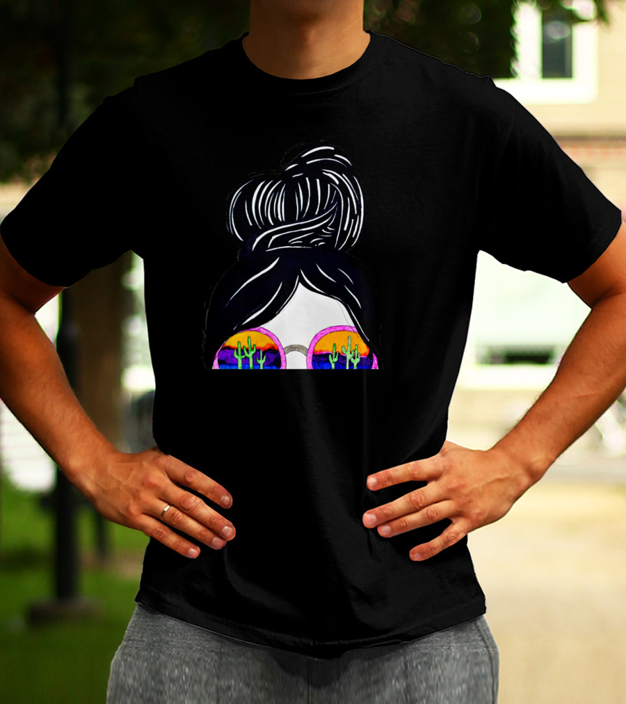 California Girl Sunset Reflection Cactus Sunglasses And Hair Bun T-Shirt