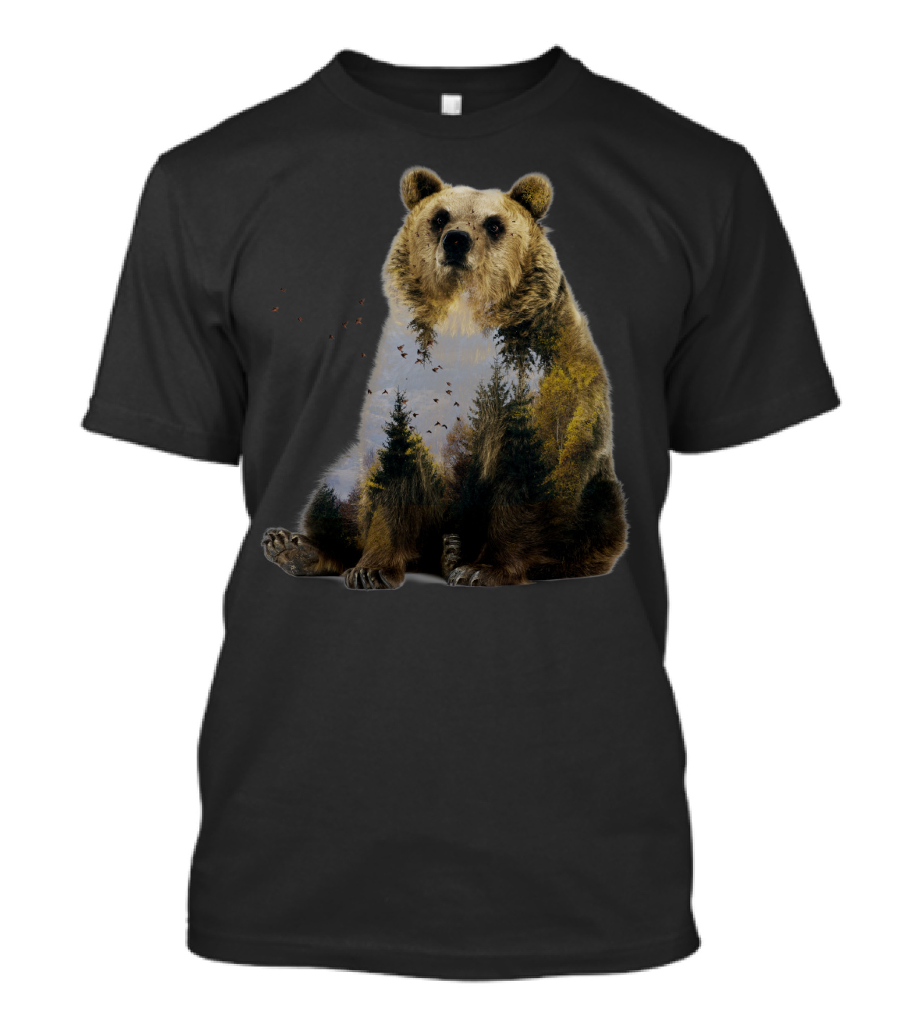 Bear With Forest Landscape Scene And Flying Birds T-Shirt