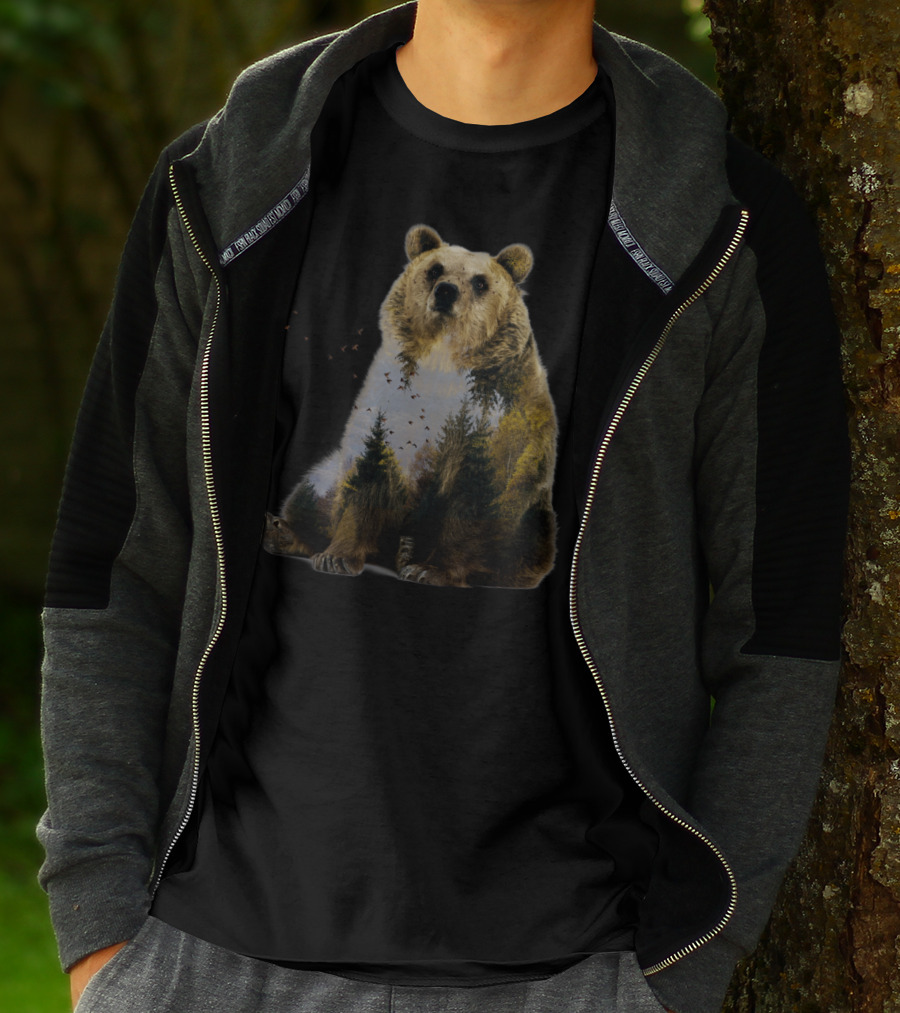 Bear With Forest Landscape Scene And Flying Birds T-Shirt