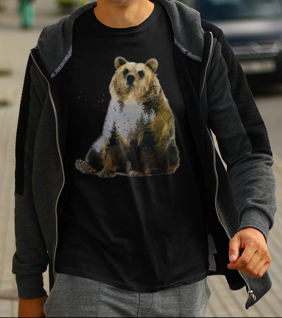 Bear With Forest Landscape Scene And Flying Birds T-Shirt