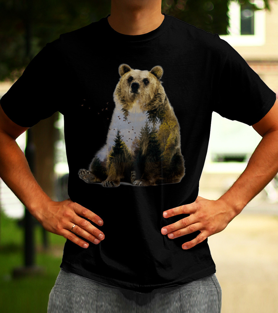 Bear With Forest Landscape Scene And Flying Birds T-Shirt