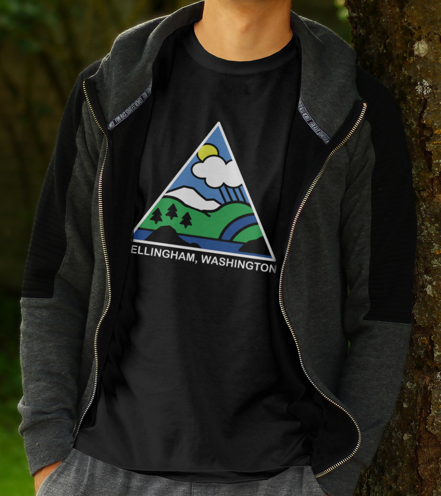 Bellingham Washington Mountain Trees River Sun Clouds Icon In White Outline T-Shirt