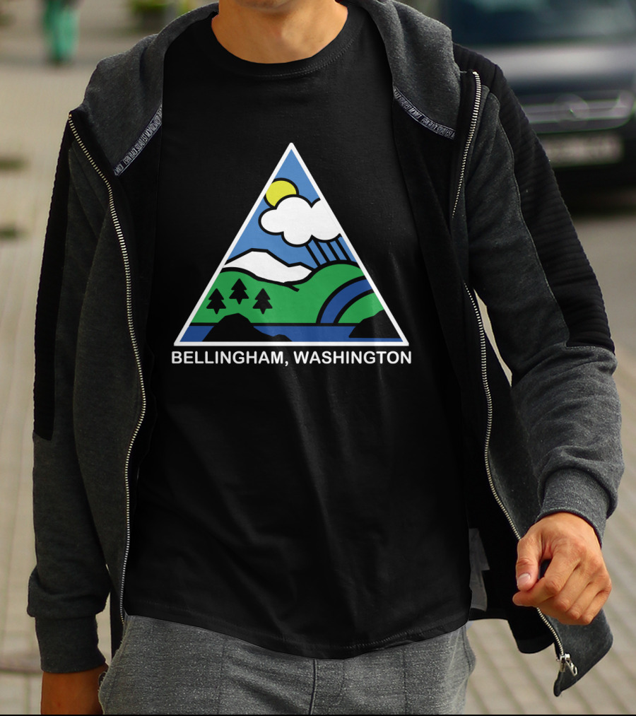 Bellingham Washington Mountain Trees River Sun Clouds Icon In White Outline T-Shirt