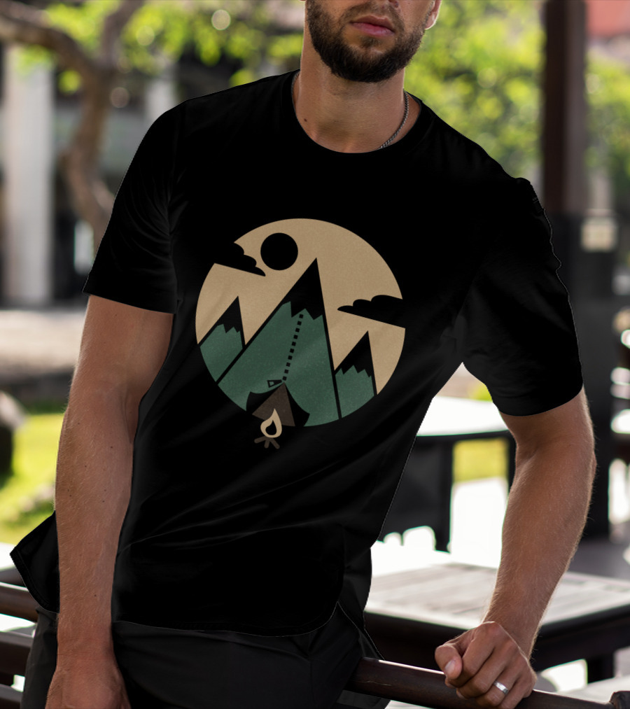 Mountain Tent Under Night Sky With Campfire And Crescent Moon T-Shirt