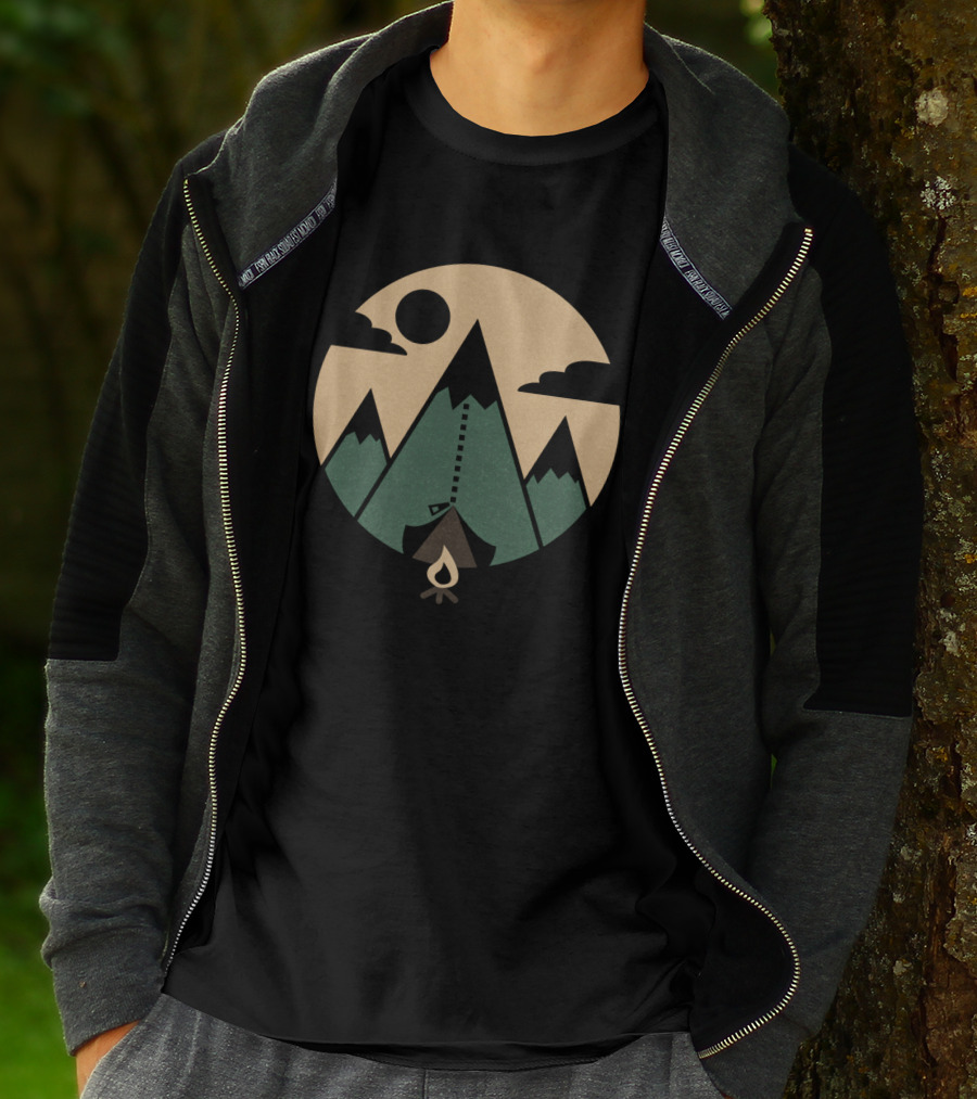 Mountain Tent Under Night Sky With Campfire And Crescent Moon T-Shirt