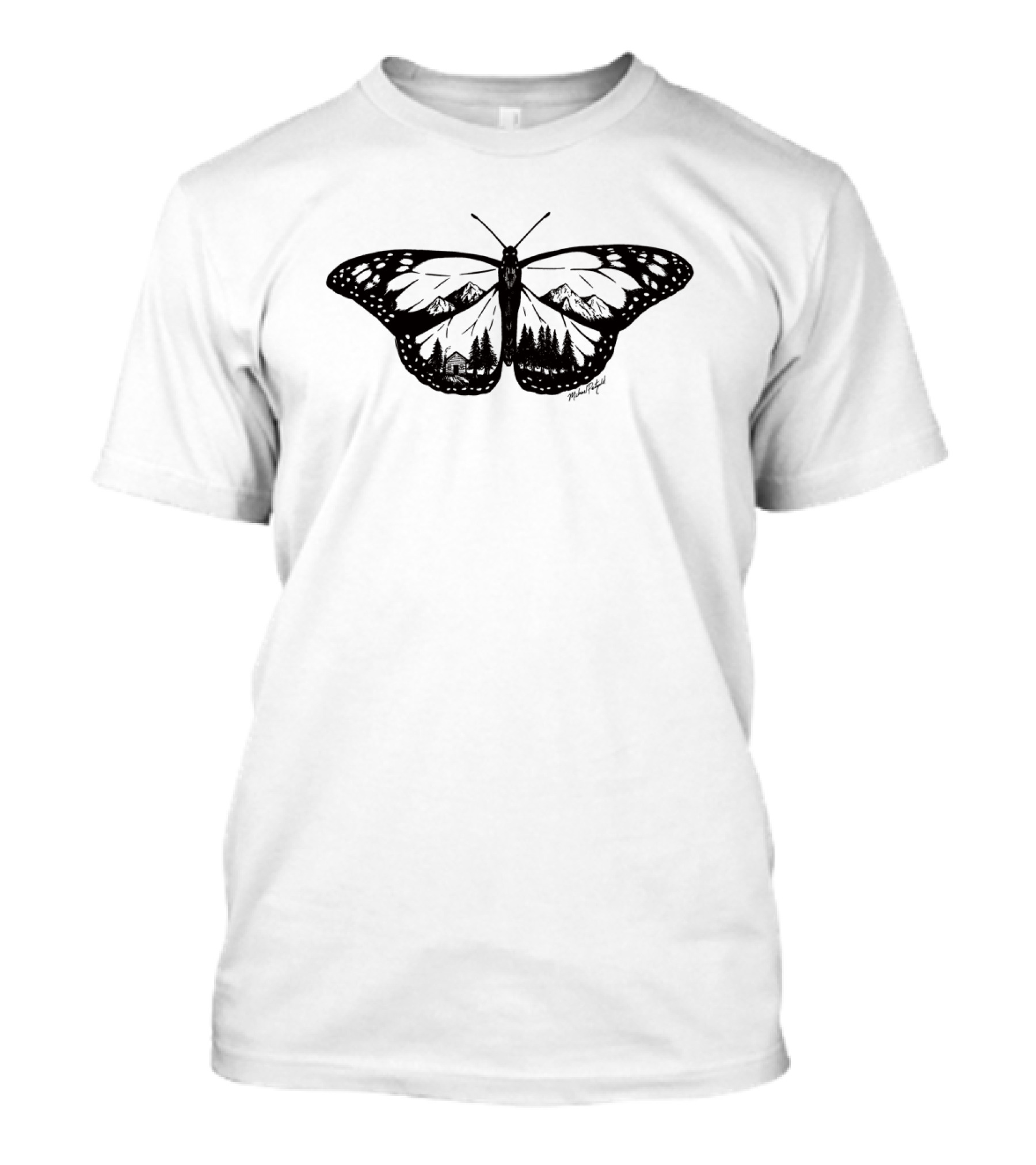 Monarch Butterfly With Mountain Landscape And Cabin T-Shirt