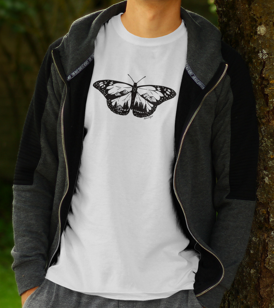 Monarch Butterfly With Mountain Landscape And Cabin T-Shirt