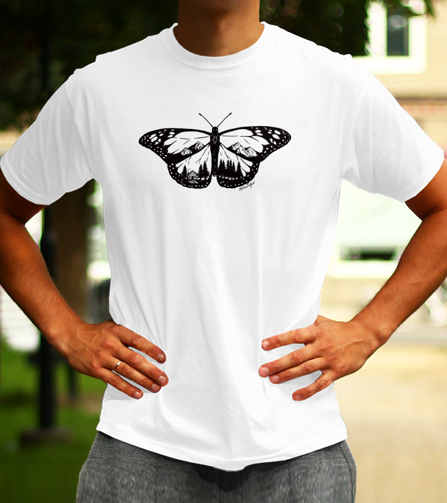 Monarch Butterfly With Mountain Landscape And Cabin T-Shirt