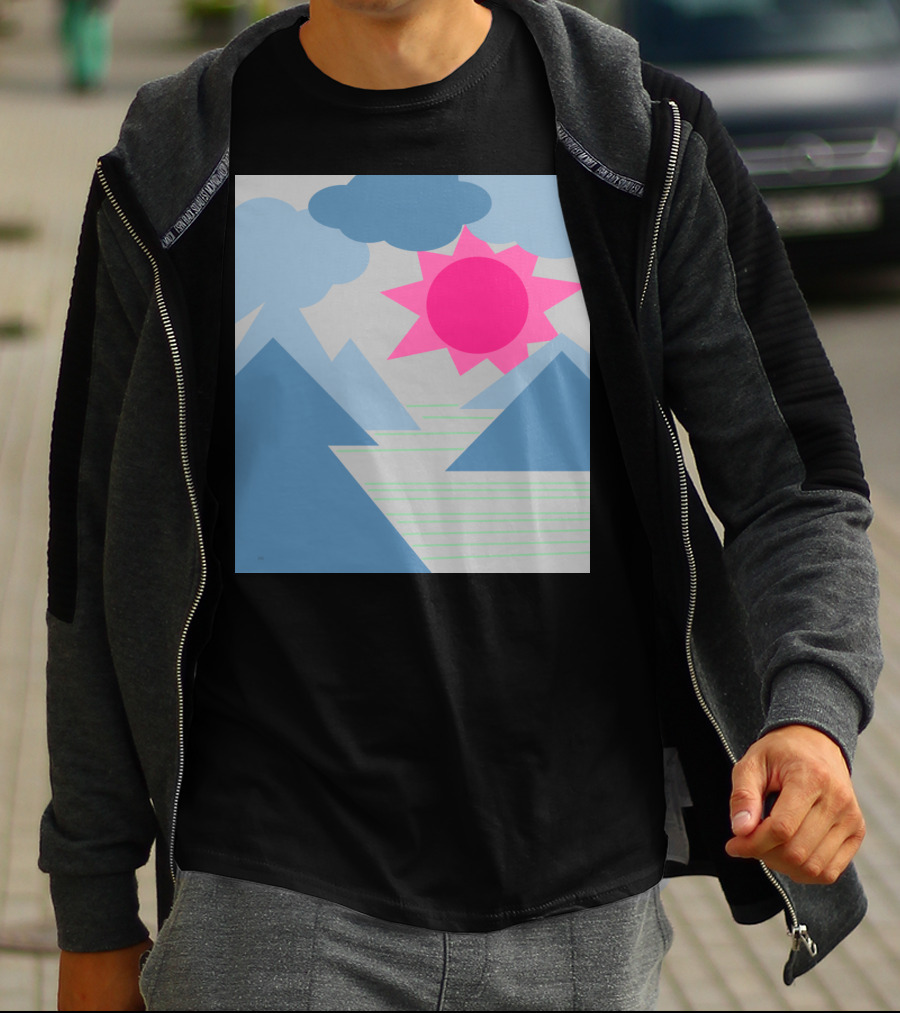 Korean Sunrise Landscape With Blue Mountains And Pink Sun T-Shirt