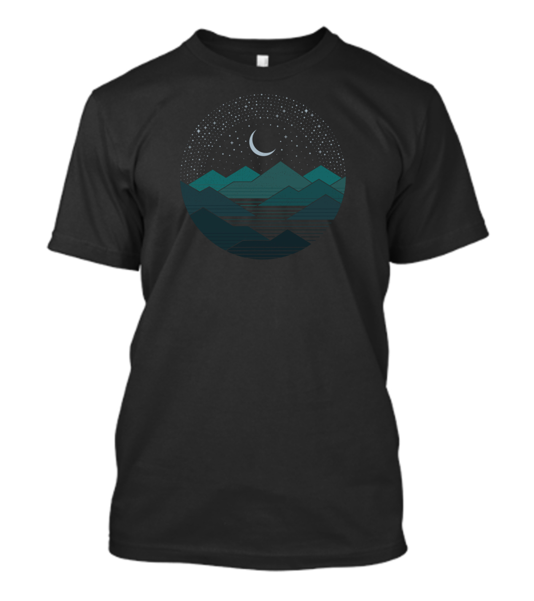 Celestial Night Over Mountain Peaks Under Starlit Sky And Crescent Moon T-Shirt
