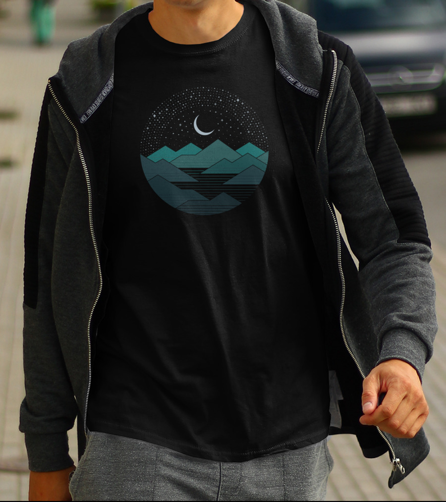 Celestial Night Over Mountain Peaks Under Starlit Sky And Crescent Moon T-Shirt