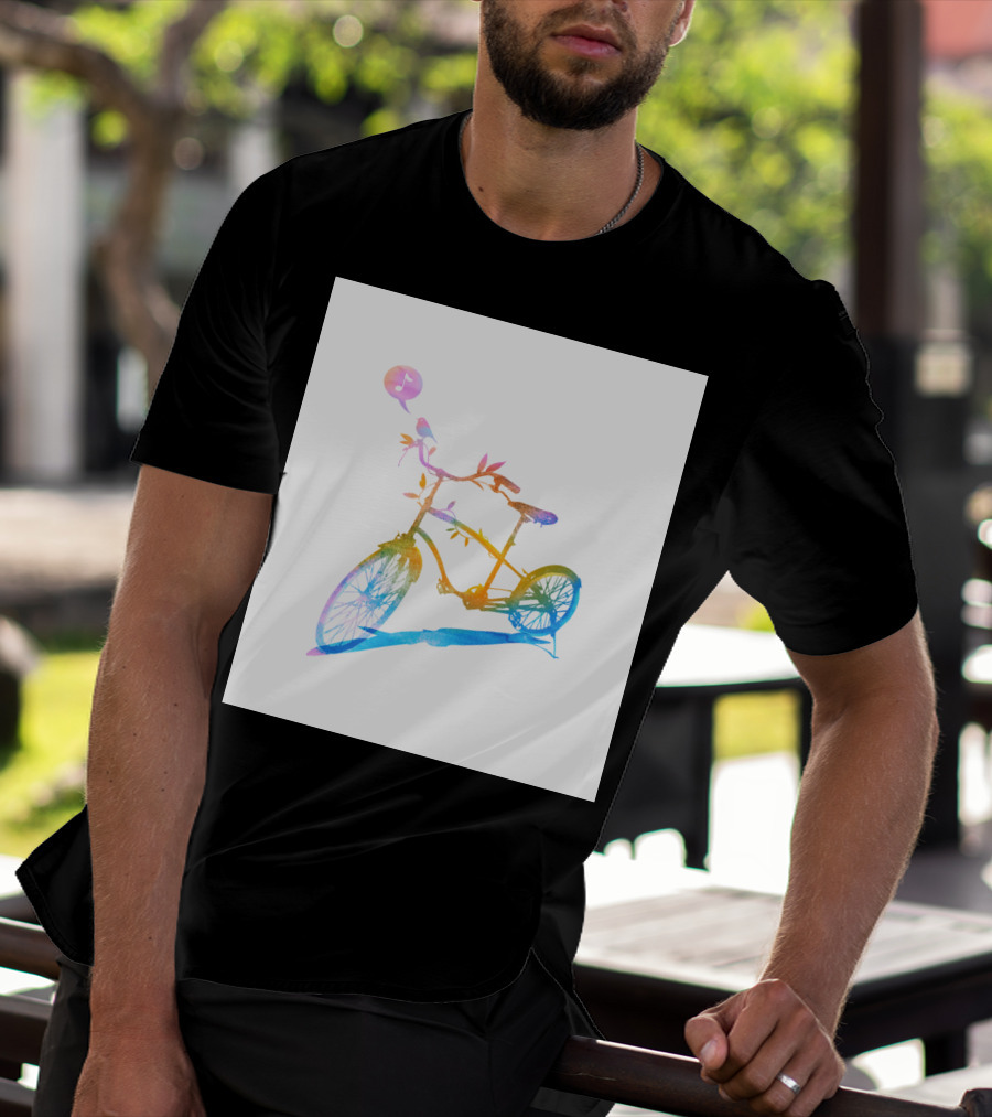 Bicycle With Musical Note And Nature Elements In Rainbow Colors T-Shirt