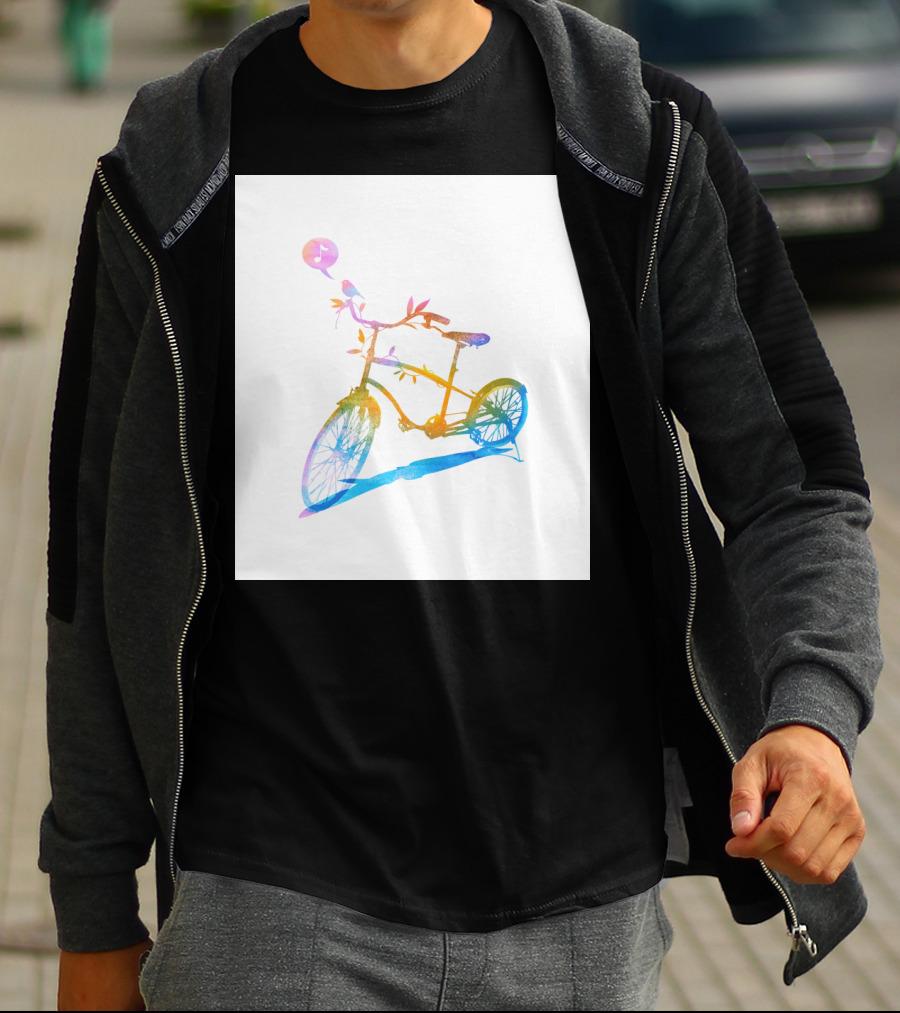 Bicycle With Musical Note And Nature Elements In Rainbow Colors T-Shirt