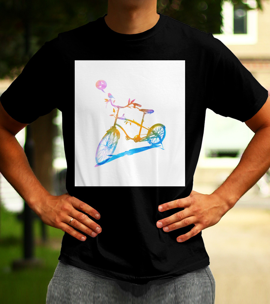 Bicycle With Musical Note And Nature Elements In Rainbow Colors T-Shirt