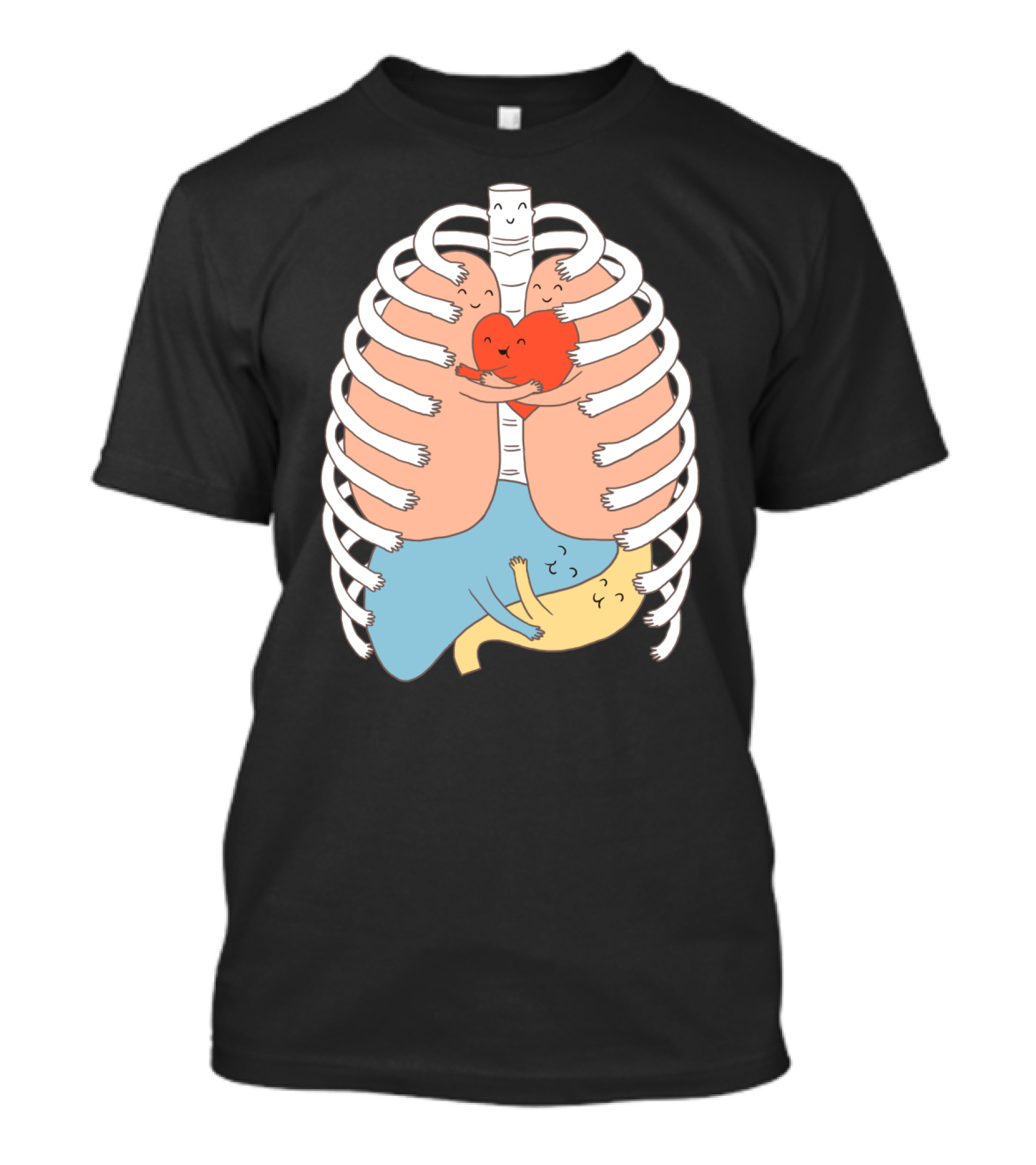 Hugs Keep Us Alive Heart And Lung Embrace Under Rib Cage With Smiling Characters T-Shirt