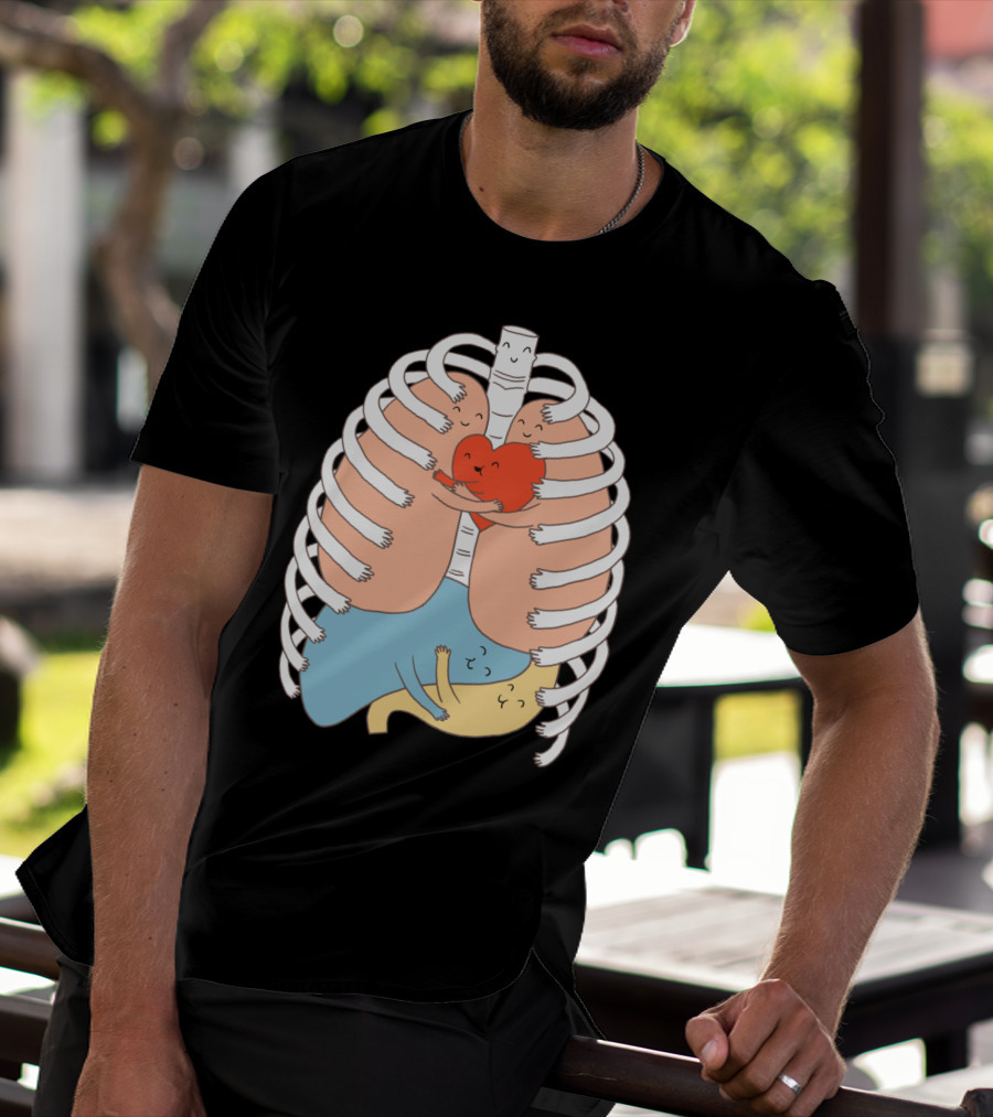 Hugs Keep Us Alive Heart And Lung Embrace Under Rib Cage With Smiling Characters T-Shirt
