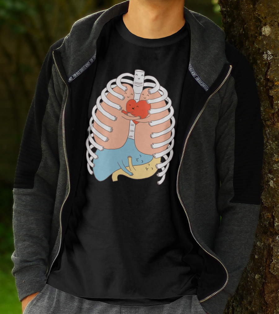 Hugs Keep Us Alive Heart And Lung Embrace Under Rib Cage With Smiling Characters T-Shirt