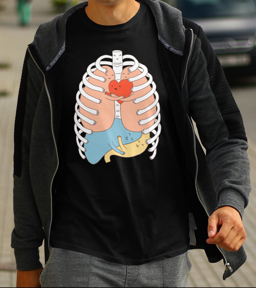 Hugs Keep Us Alive Heart And Lung Embrace Under Rib Cage With Smiling Characters T-Shirt