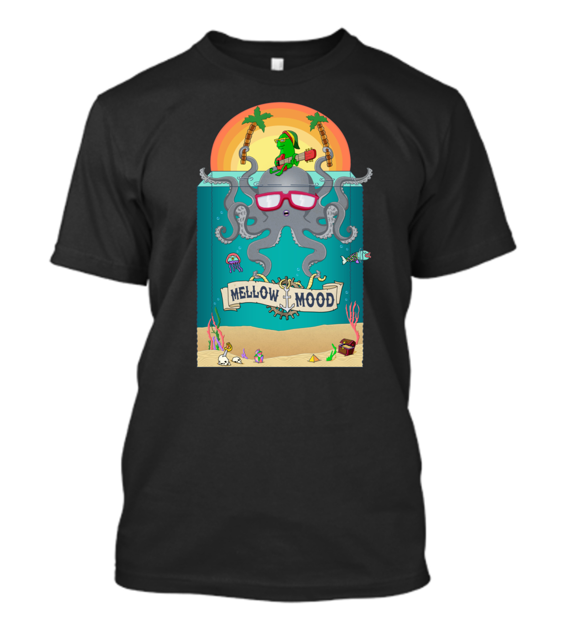 Mellow Mood Octopus With Guitar And Tropical Beach Sunset T-Shirt