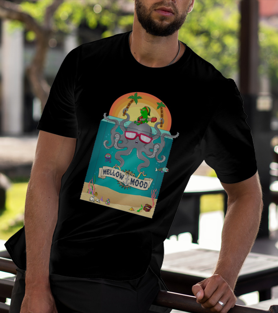 Mellow Mood Octopus With Guitar And Tropical Beach Sunset T-Shirt