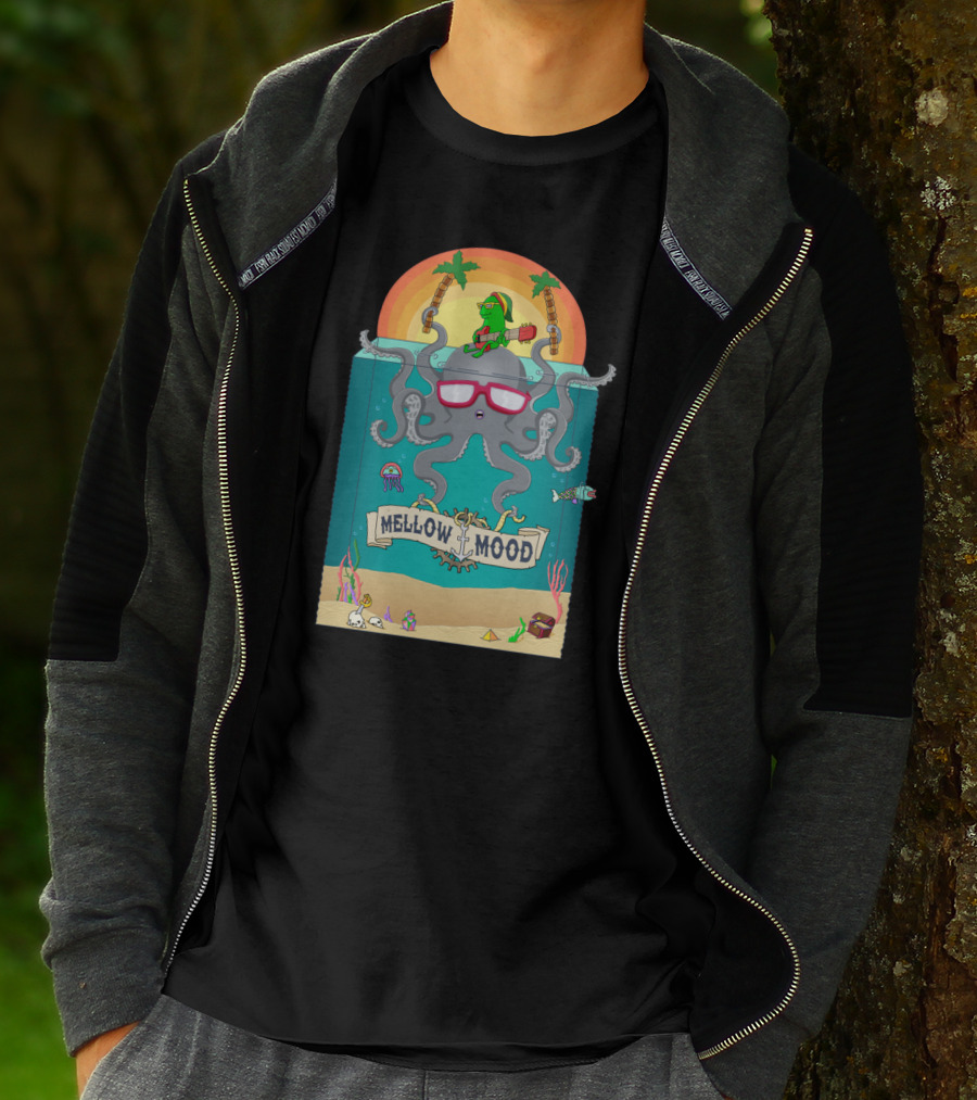 Mellow Mood Octopus With Guitar And Tropical Beach Sunset T-Shirt