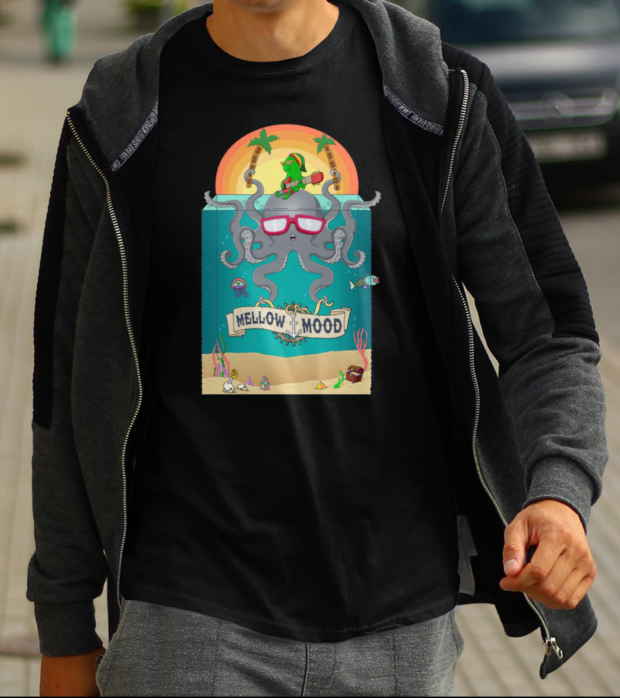 Mellow Mood Octopus With Guitar And Tropical Beach Sunset T-Shirt