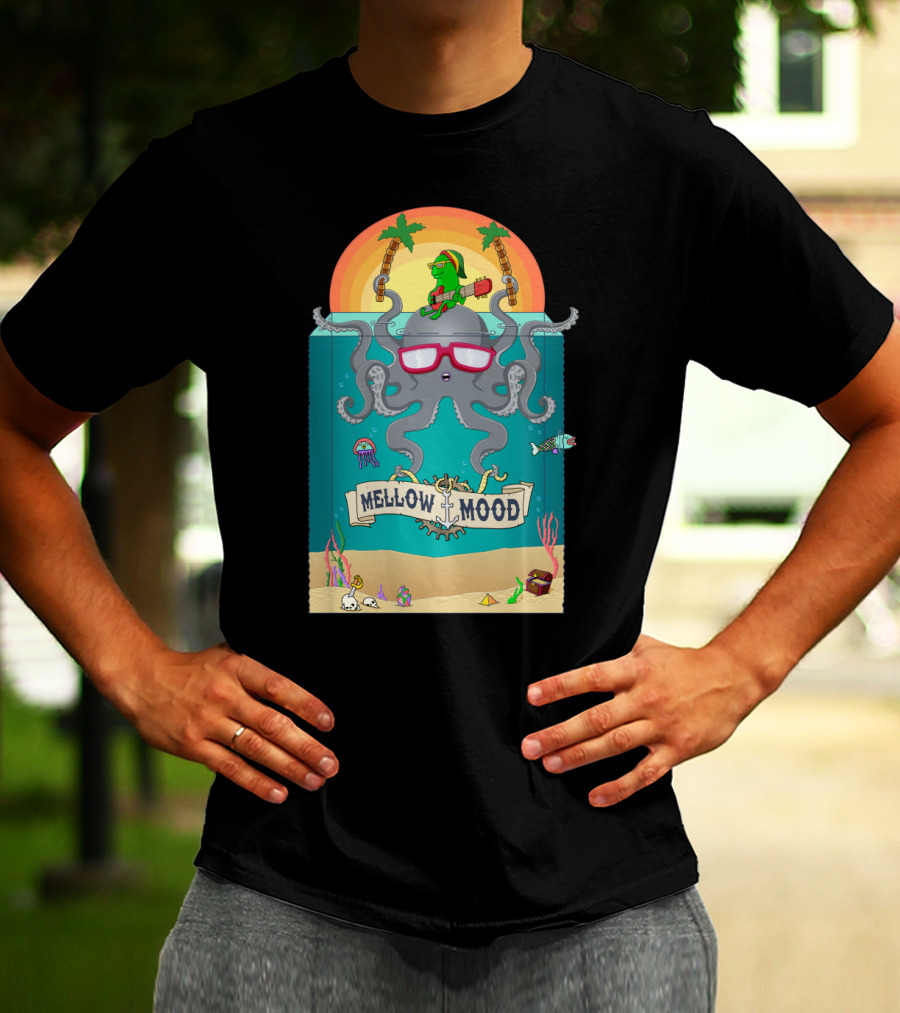 Mellow Mood Octopus With Guitar And Tropical Beach Sunset T-Shirt