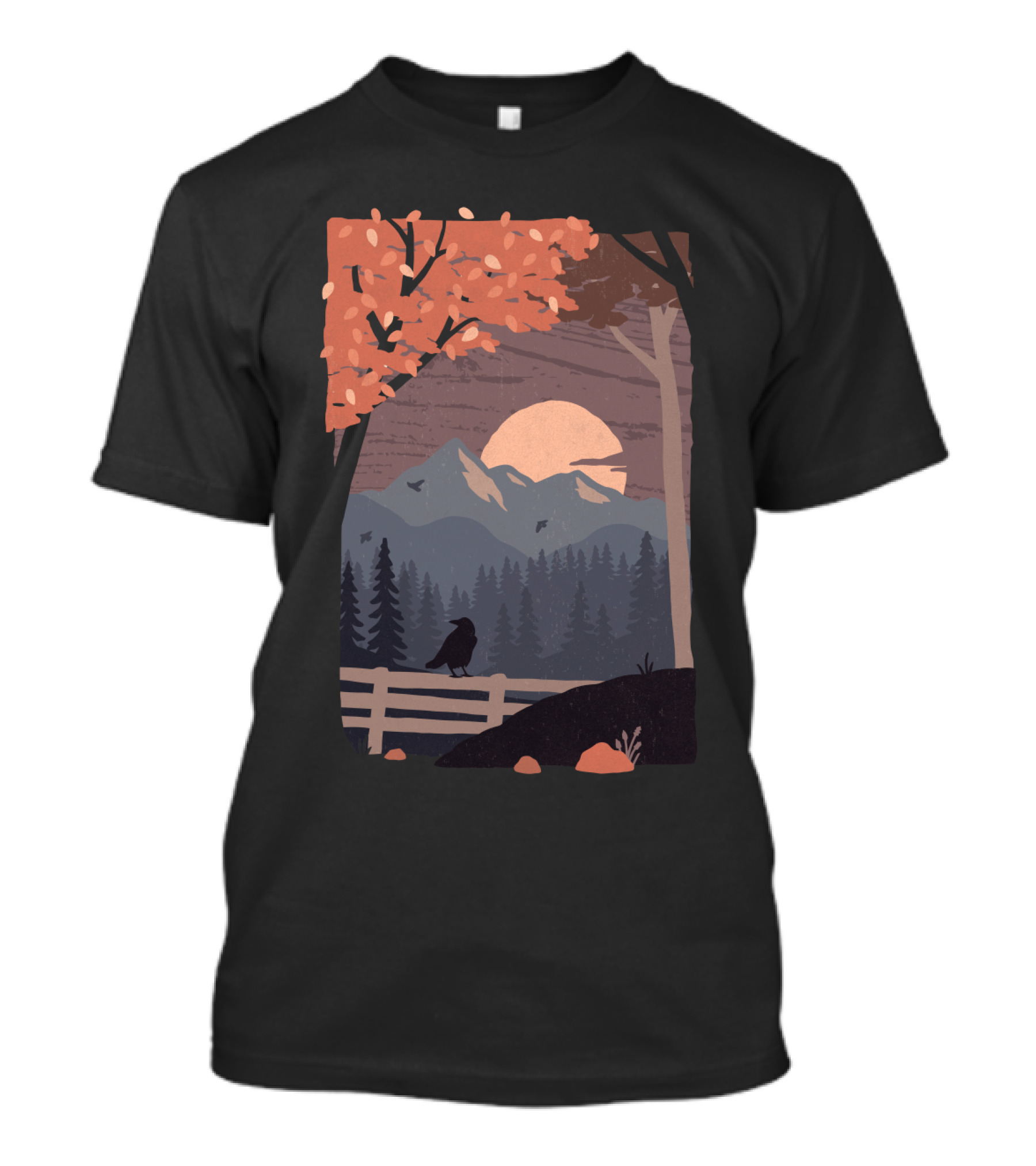 Harvest Moon Autumn Mountain Scene With Crow And Sunset T-Shirt