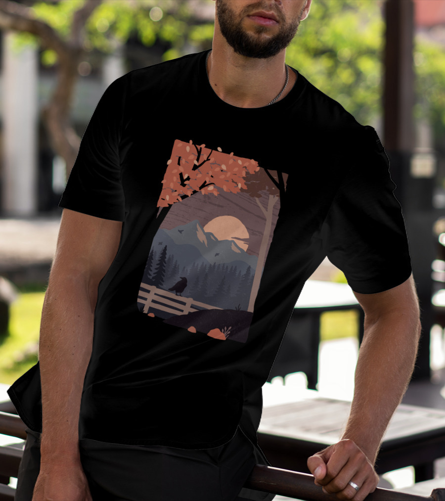 Harvest Moon Autumn Mountain Scene With Crow And Sunset T-Shirt