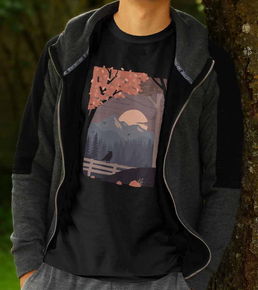 Harvest Moon Autumn Mountain Scene With Crow And Sunset T-Shirt