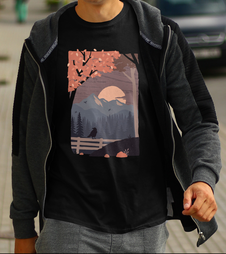 Harvest Moon Autumn Mountain Scene With Crow And Sunset T-Shirt