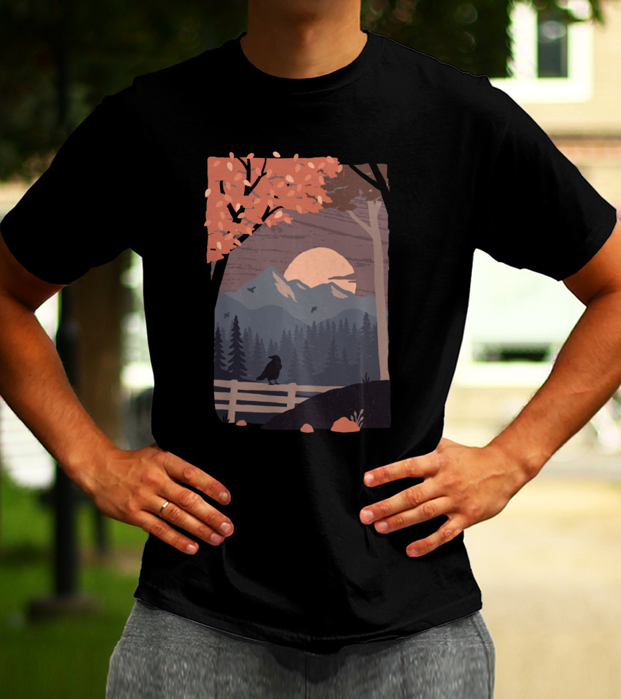 Harvest Moon Autumn Mountain Scene With Crow And Sunset T-Shirt
