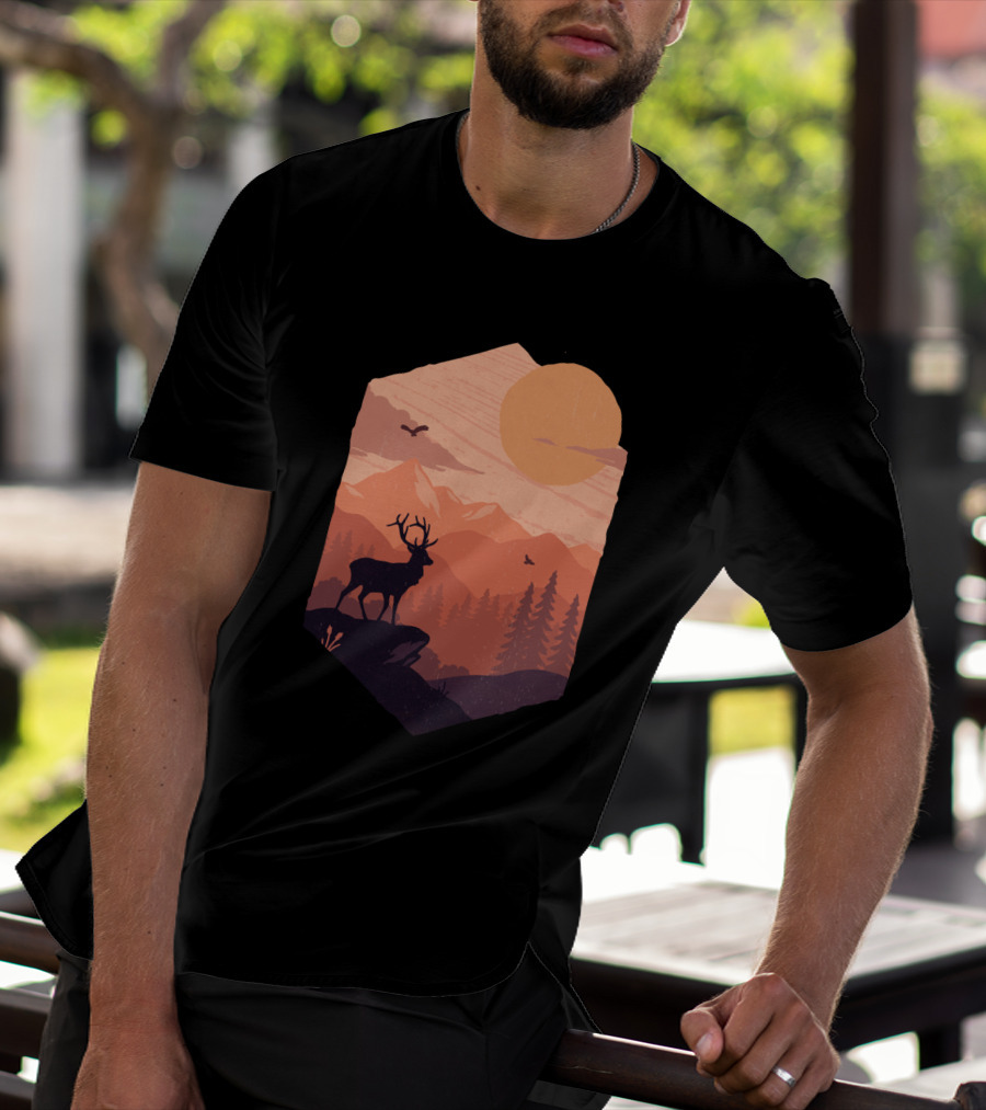Sunset Silhouette With Deer And Mountains In Golden Sun Scene T-Shirt