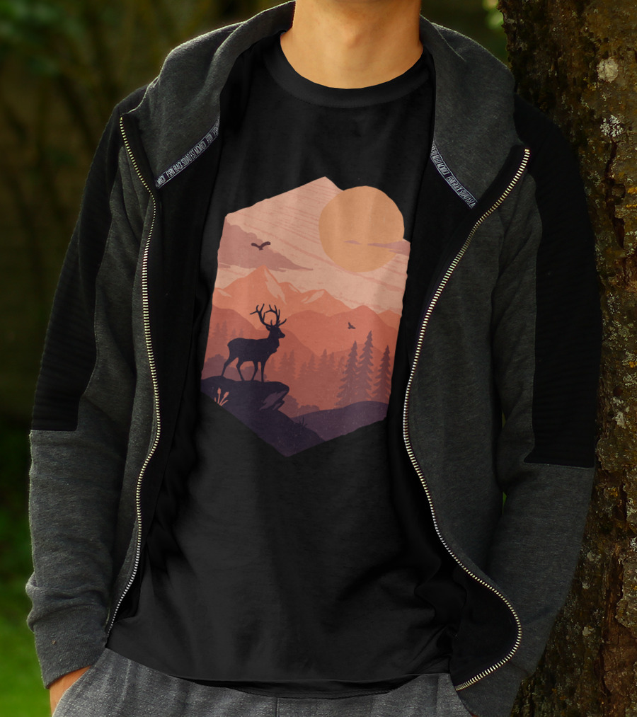 Sunset Silhouette With Deer And Mountains In Golden Sun Scene T-Shirt