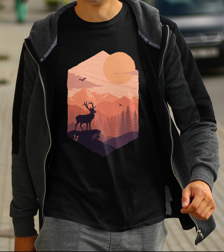 Sunset Silhouette With Deer And Mountains In Golden Sun Scene T-Shirt