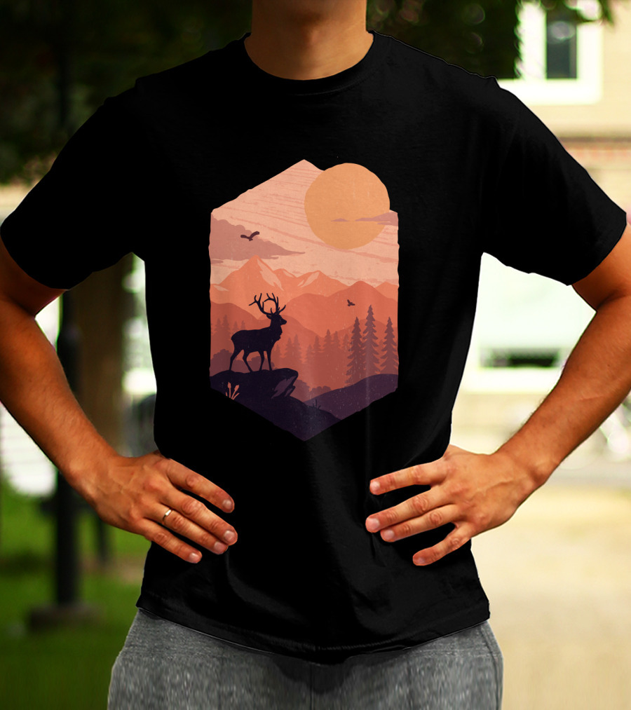 Sunset Silhouette With Deer And Mountains In Golden Sun Scene T-Shirt