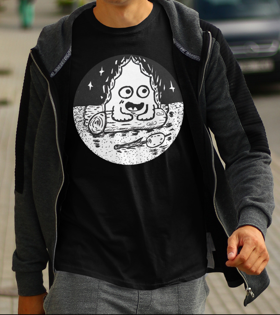 Campfire Carl Cartoon Style Ghost By The Fire With Stars And Spoon T-Shirt