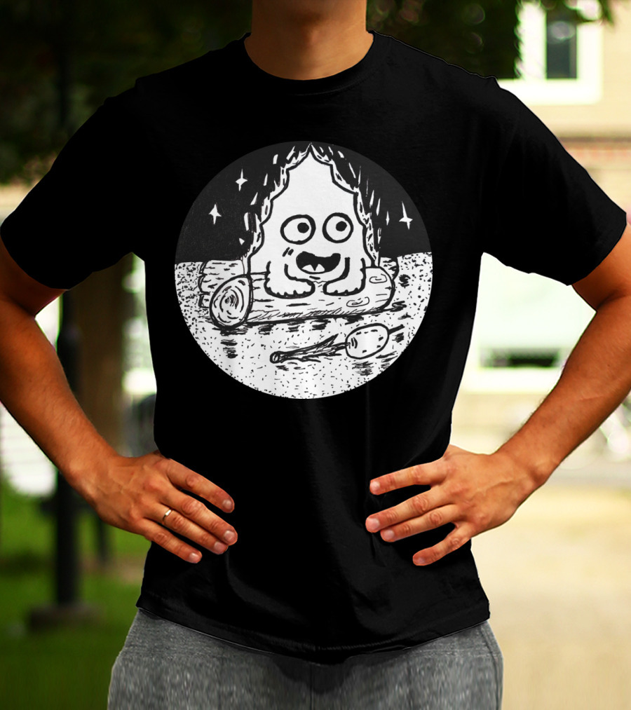 Campfire Carl Cartoon Style Ghost By The Fire With Stars And Spoon T-Shirt