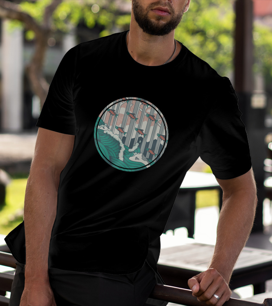 Salmon Journey Upstream Through Waves And Trees In Circular T-Shirt