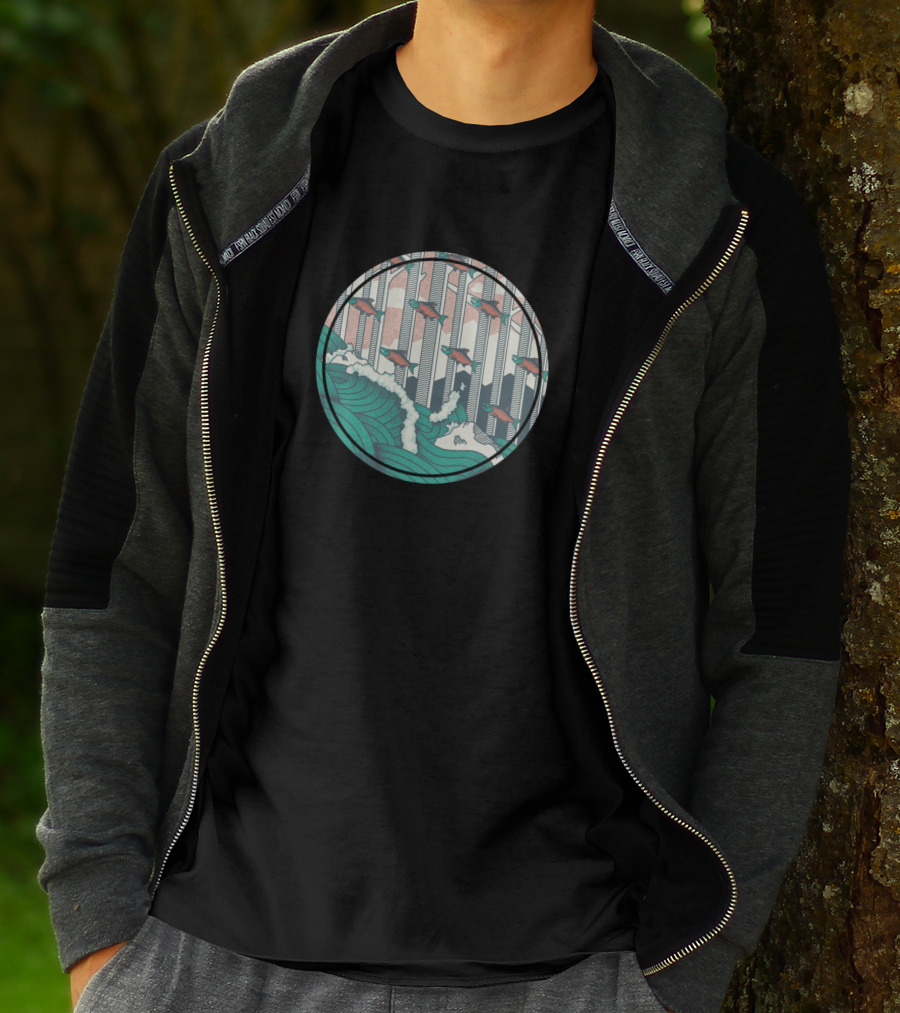 Salmon Journey Upstream Through Waves And Trees In Circular T-Shirt