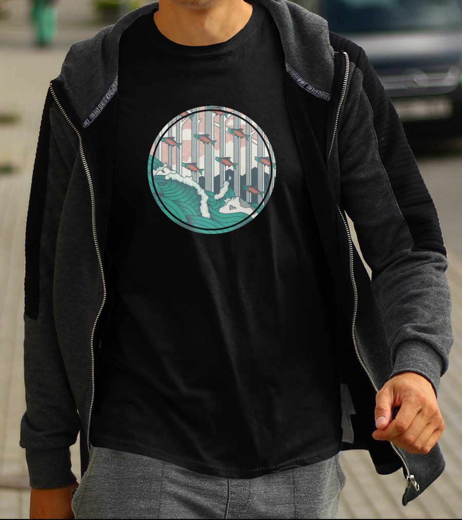 Salmon Journey Upstream Through Waves And Trees In Circular T-Shirt
