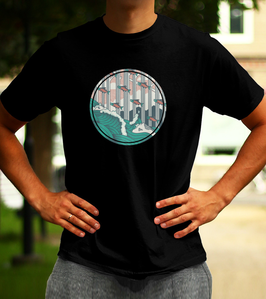 Salmon Journey Upstream Through Waves And Trees In Circular T-Shirt