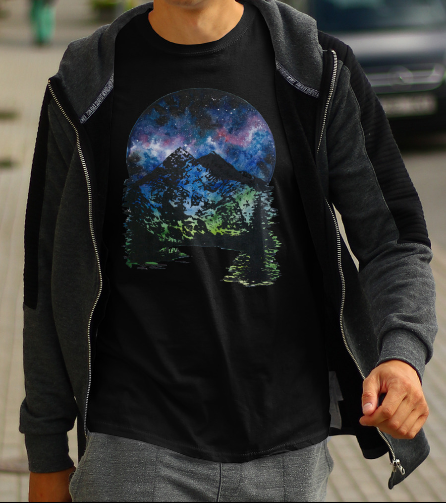 Space Mountain Night Sky And Aurora Over Mountain T-Shirt