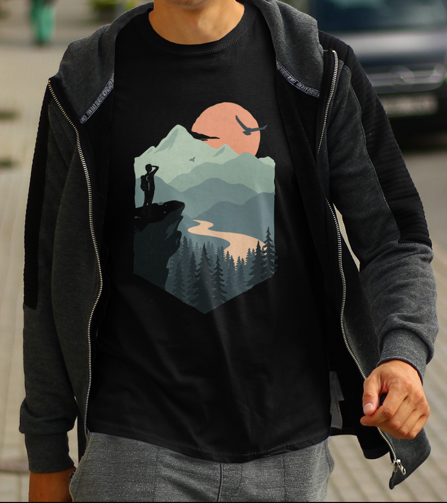 Vast Views Scenic Mountain Sunset With Silhouette And Birds T-Shirt